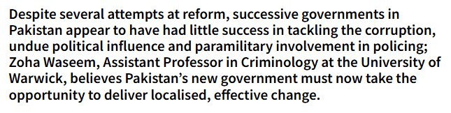 Police Reforms and Capacity Building: A Stalled Agenda Against Crime Article - Pakistan: New government must tackle police corruption and killings