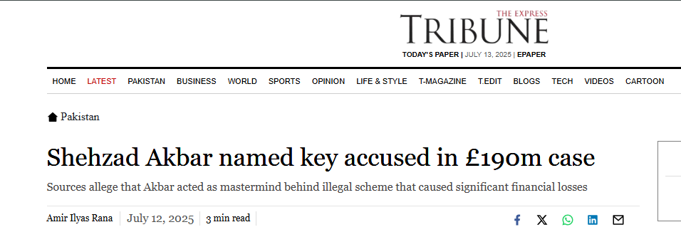 News Article about shehzad akbar accused of 190m pound