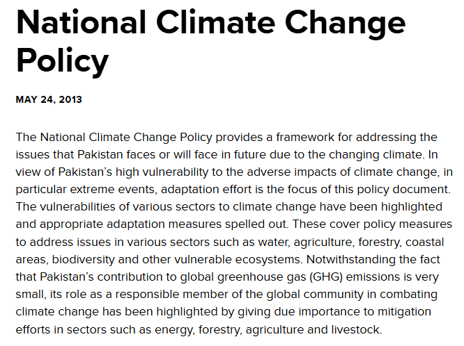 Overview of Pakistan`s Key Strategies in Climate Response National Climate Change Policy