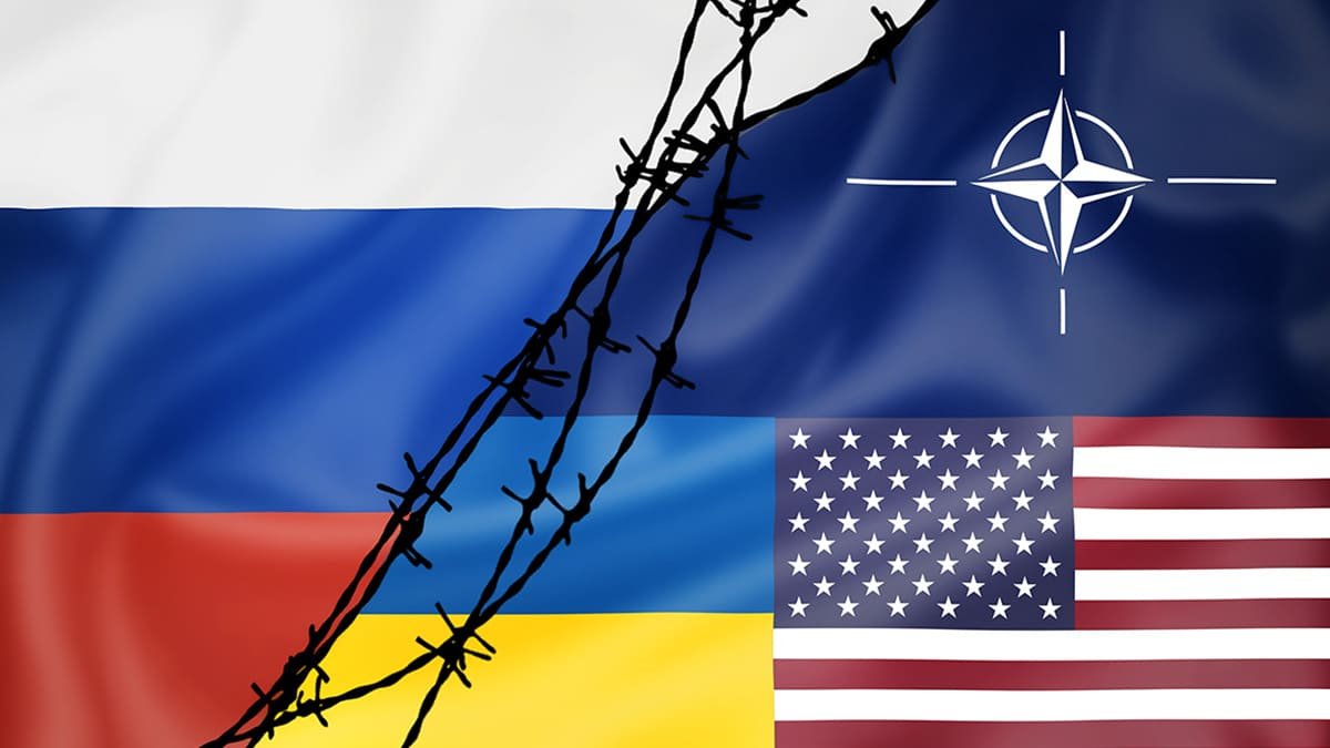 Russia and nato relation Flag of Russia separated from Ukraine, U.S., and Nato with barbed wire