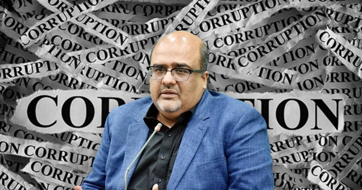 Shehzad Akbar Shehzad akbar in front of white strip, corruption written on it