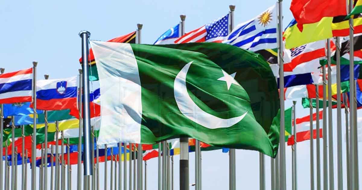 Pakistan flag against flags of other countries in the background