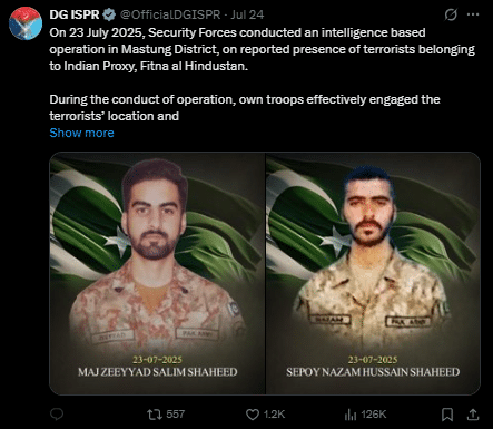 A Nation's Resolve Forged in Sacrifice: Honoring Major Zeeyyad Salim Shaheed Tweet of DGISPR about martyrdom