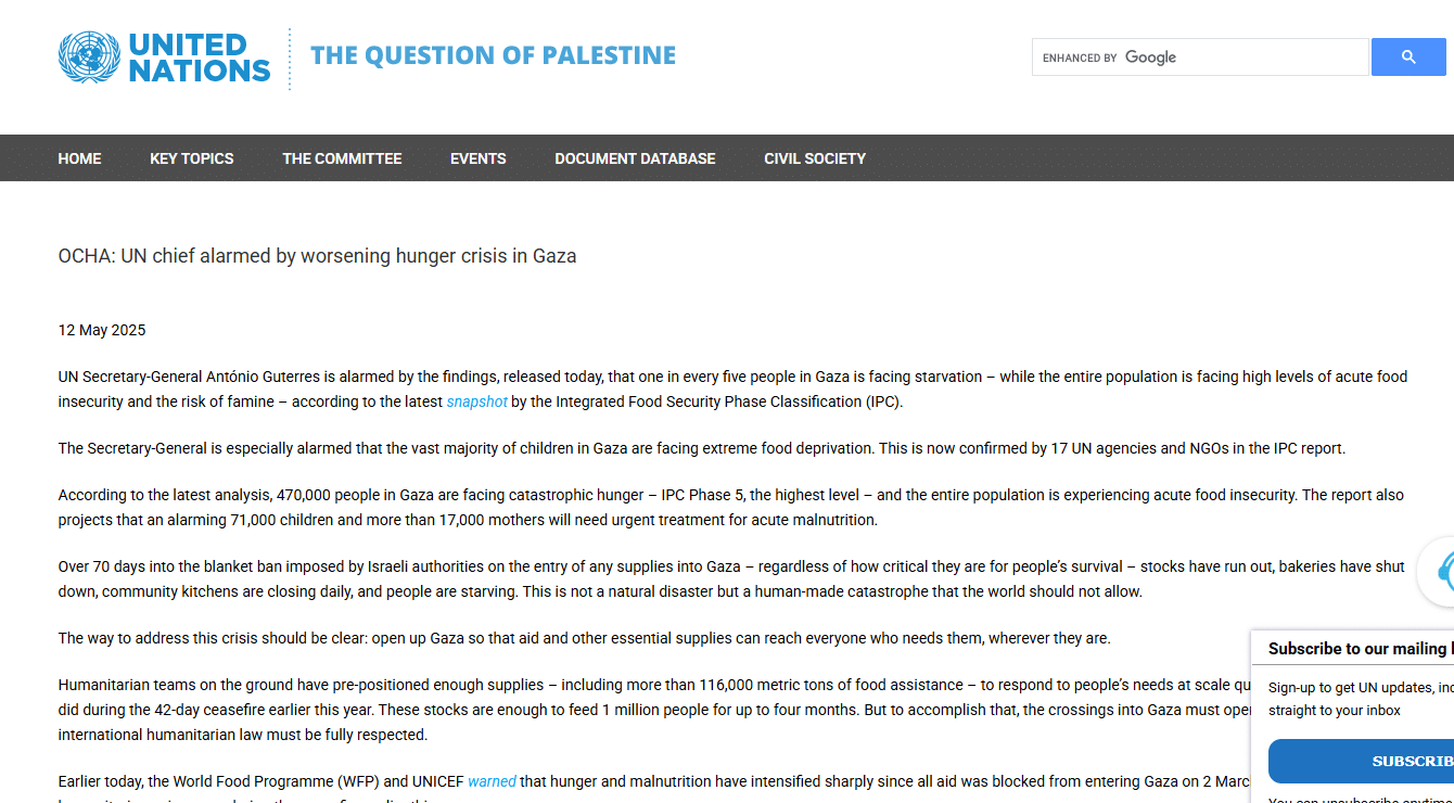 Israel’s Genocidal Violence: Starvation and Massacres in Palestine UN Press Release : UN Chief Alarmed by hunger crisis in Gaza