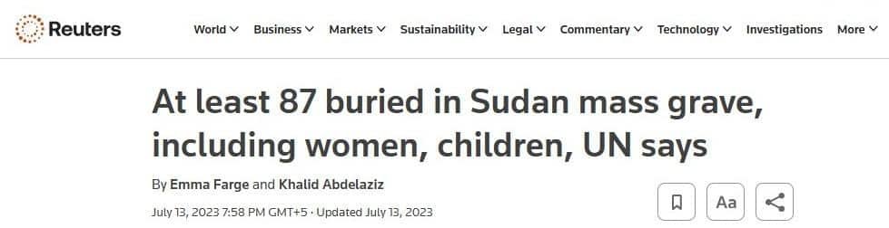 Aid under Fire: Sudan’s War Criminals Weaponize Humanitarian Blockades Article - Mass grave, with men women and children, uncovered in Sudan.