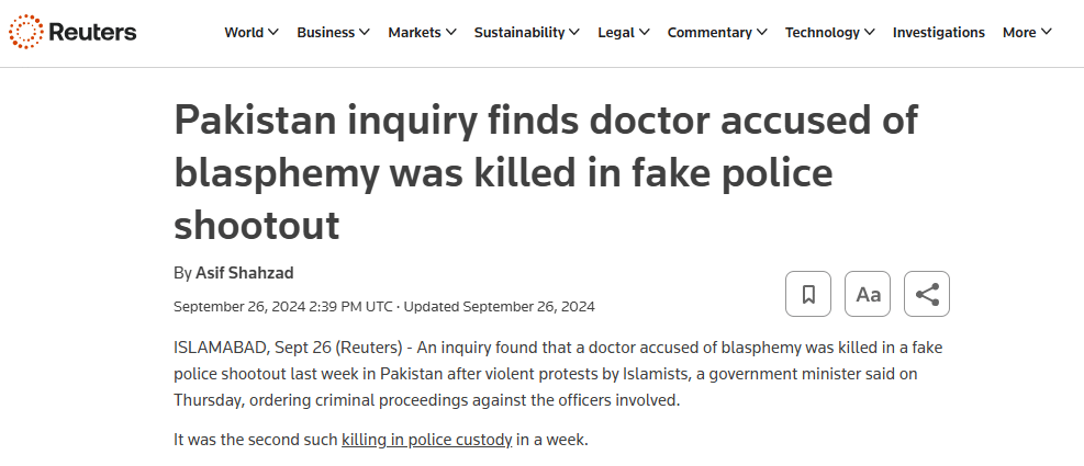Blasphemy Accusations in Pakistan: A Cycle of Violence and Unpunished Crimes News Article | Doctor-Accused of Blasphemy Killed in Fake Encounter