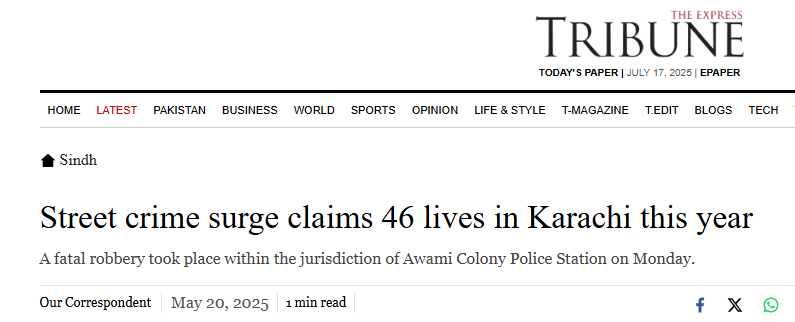 Urban Crime Wave: Analyzing the Surge in Street Crime in Major Cities News Article | Surge in Street Crimes, 46 Killed in Karachi alone
