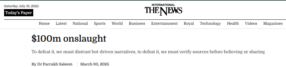 News Article | $100M Onslaught by Farrukh Saleem