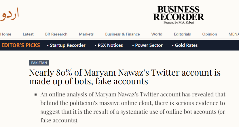 News Article | Maryam Nawaz’s Twitter Followers–Bots and Fake Accounts