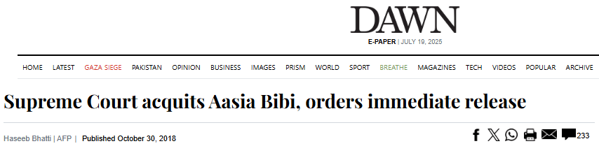 Reforming Blasphemy Laws: Navigating the Impasse Between Justice and Religious Sentiment News Article | Asia Bibi Acquitted in Blasphemy Case by S.C