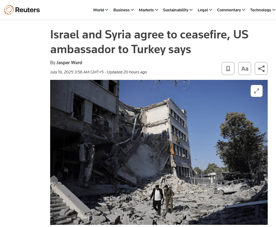 Israel and Syria Agree to Ceasefire Amid Druze–Bedouin Clashes News Article | Ceasefire between Israel-Syria mediated by the U.S.