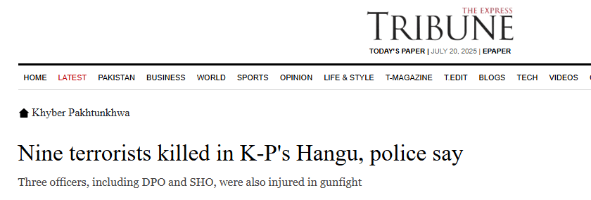 Pakistan's Unyielding Stance Against FAK: The Hangu Operation News Article | 9 Terrorists Killed in Hangu, in a Police-led Operation