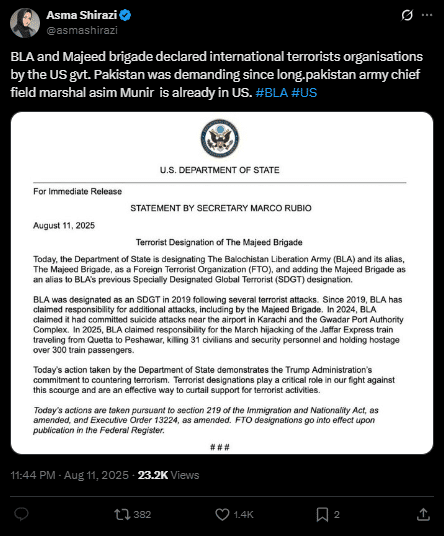U.S. Designates Majeed Brigade as Terrorist Organization BLA and Majeed Birgade declared International terrorist