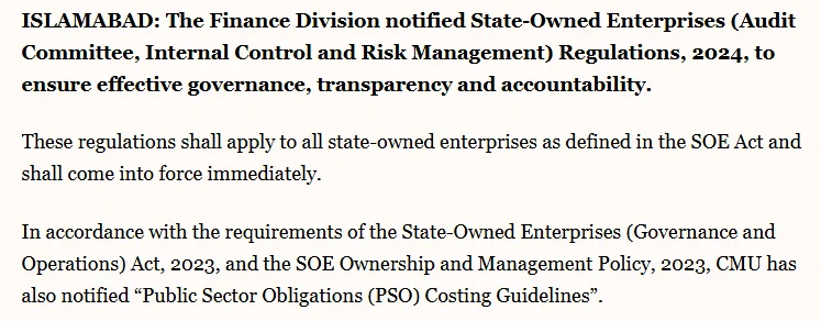 Governance of State-Owned Enterprises (SOEs): Policy for Privatization, Restructuring, and Efficiency News Article | Transparency and accountability: Finance Division notifies SOEs Regulations