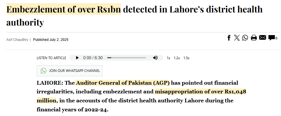 Embezzlement of over Rs. 1 Billion: Lahore’s District Health Authority, and Collapse of Public Trust Embezzlement of over Rs1bn detected in Lahore’s district health authority
