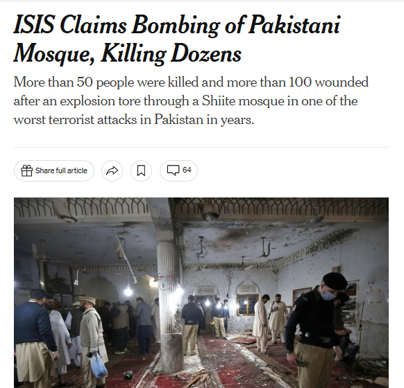 The Sectarian Spillover: FAK's Escalating War on Religious Minorities ISIS Claims Bombing of Pakistani Mosque, Killing Dozens