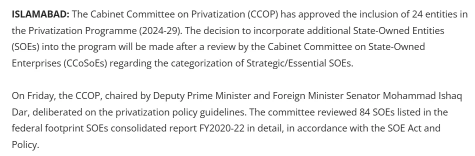 Governance of State-Owned Enterprises (SOEs): Policy for Privatization, Restructuring, and Efficiency News Article | Govt greenlights inclusion of 24 SOEs in privatisation plan