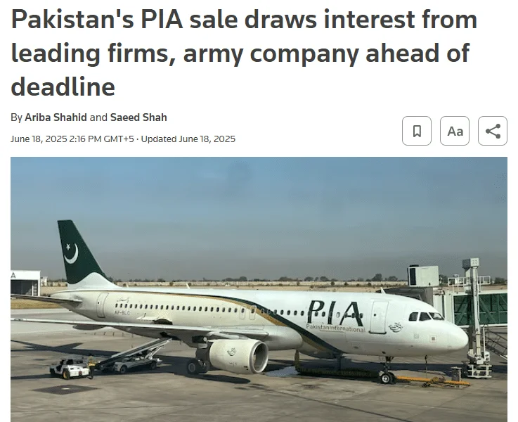 Governance of State-Owned Enterprises (SOEs): Policy for Privatization, Restructuring, and Efficiency News Article | Pakistan's PIA sale draws interest from leading firms, army company ahead of deadline