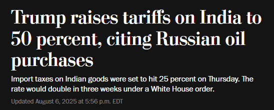Trump Doubles Down: US Slaps 50% Tariffs on India Amidst Deepening Trade Friction Tariffs on India would further increase