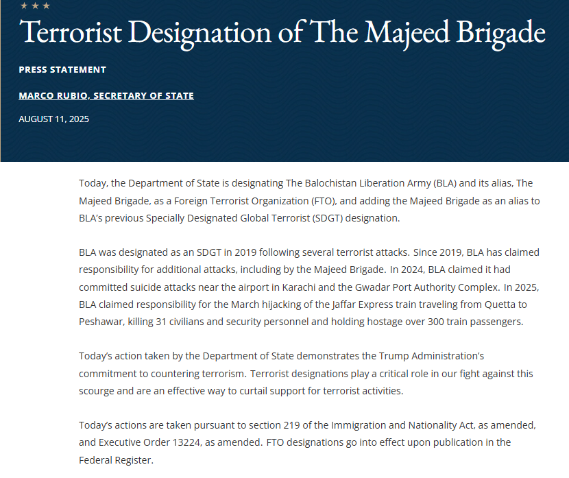 U.S. Designates Majeed Brigade as Terrorist Organization Terrorist Designation of The Majeed Brigade