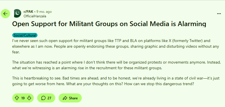 Reddit Post, raising concerns regarding Terrorist Sympathisers on social media