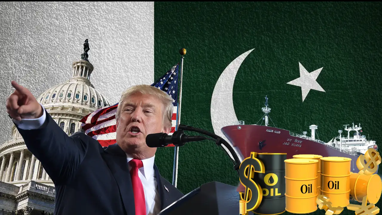 US-Pak Oil Trade Pakistan Flag, White House, Trump, and Oil Barrels