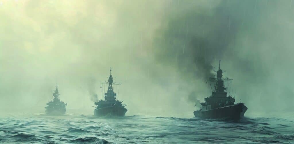 The World's Narrow Passage: Crisis in the Red Sea four large boats on the ocean in hazy water.