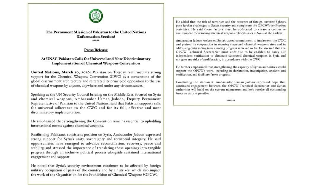 Pakistan Calls for End to Foreign Military Occupation in Syria and Non-Discriminatory Implementation of Chemical Weapons Convention