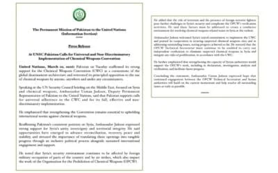 TODAYSTANCE Pakistan Calls for End to Foreign Military Occupation in Syria and Non-Discriminatory Implementation of Chemical Weapons Convention