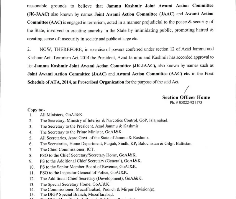 AJK Bans Joint Awami Action Committee Under Anti-Terrorism Act