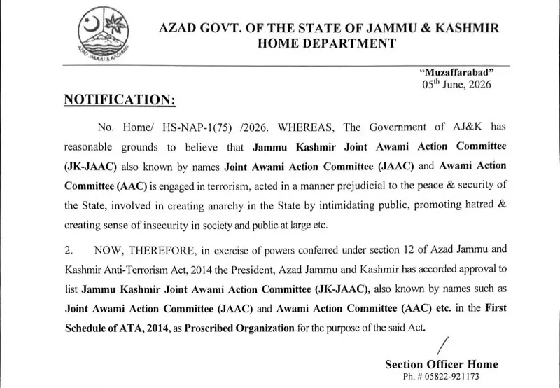AJK Bans Joint Awami Action Committee Under Anti-Terrorism Act AJK Bans Joint Awami Action Committee Under Anti-Terrorism Act