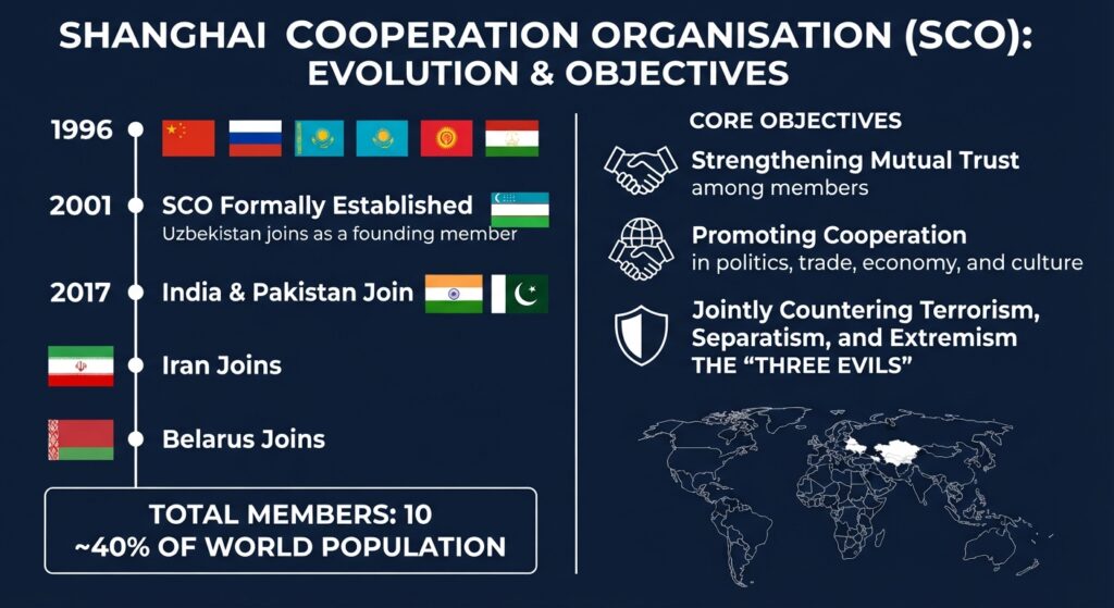 The Shanghai Cooperation Organisation grew out of the "Shanghai Five" — China, Russia, Kazakhstan, Kyrgyzstan and Tajikistan — and was formally established in 2001 with Uzbekistan joining as a founding member. India and Pakistan became full members in 2017, Iran in 2023, and Belarus in 2024, making it ten members covering roughly 40 percent of the world's population. Its stated objectives are strengthening mutual trust among members, promoting cooperation in politics, trade, security and culture, and jointly countering terrorism, separatism and extremism — the "three evils" the organisation was originally built to confront.